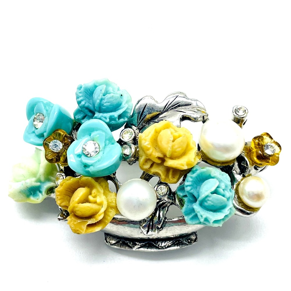 Vintage Floral Brooch Turquoise Yellow White Flowers Silver Tone Cluster Pin